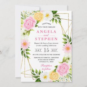 Invitación Flores rosadas y amarillas con marco dorado para b