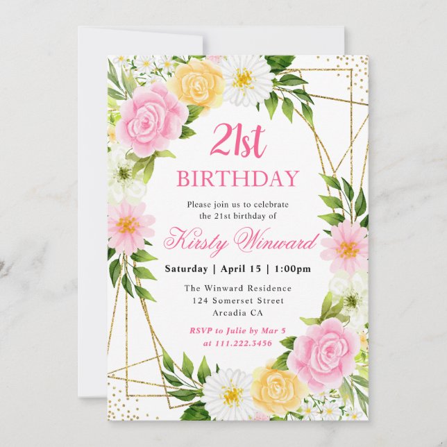 Invitación Flores rosadas y amarillas marco dorado cumpleaños (Anverso)