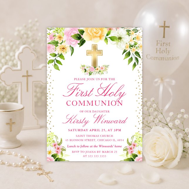 Invitación Flores rosadas y amarillas Primera Comunión (Subido por el creador)