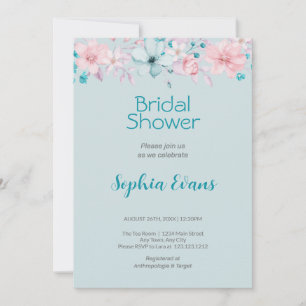 Invitación Flores rosadas y azules, Baby Shower Nupcial Azul