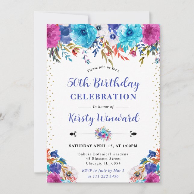 Invitación Flores rosadas y azules de acuarela Cumpleaños 50 (Anverso)