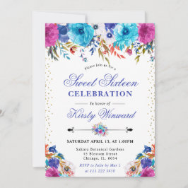 Invitación Flores rosadas y azules de acuarela Sweet 16