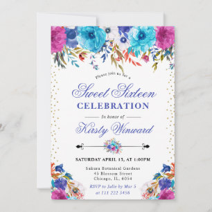 Invitación Flores rosadas y azules de acuarela Sweet 16
