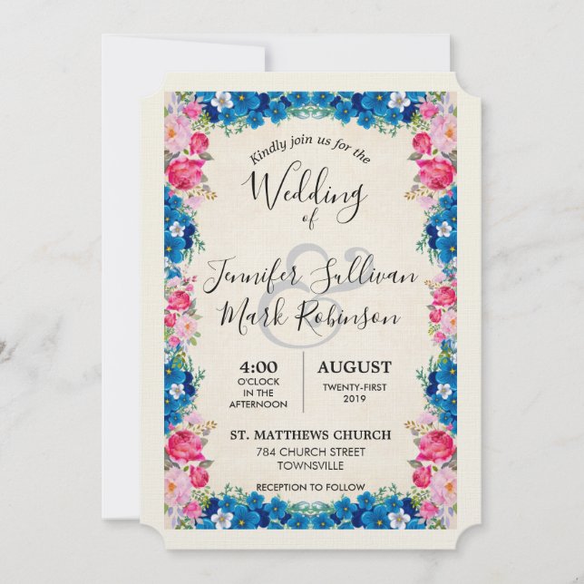 Invitación Flores rosadas y azules Fancy Bodas elegantes (Anverso)
