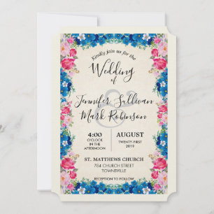 Invitación Flores rosadas y azules Fancy Bodas elegantes