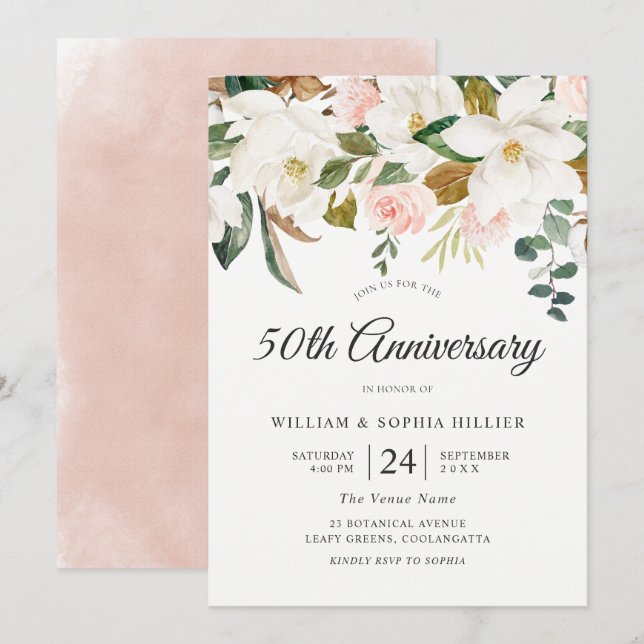 Invitación Flores Rosadas y Blancas 50 Aniversario de Boda (Anverso / Reverso)
