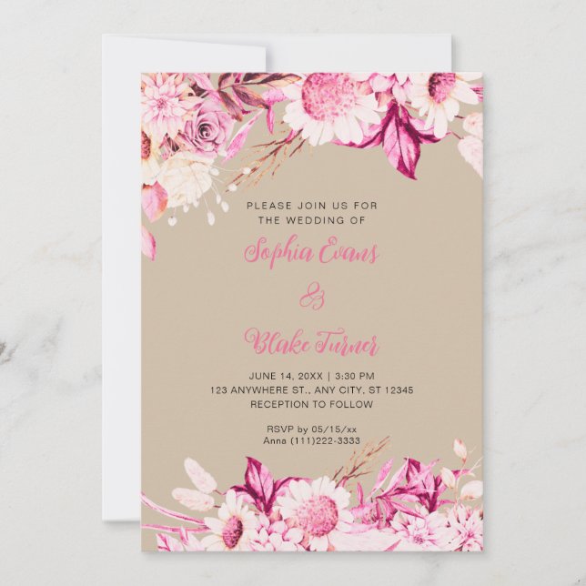 Invitación Flores rosadas y blancas Boho Boda de Vainilla (Anverso)