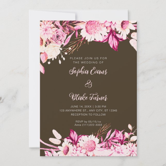 Invitación Flores rosadas y blancas Boho Madera Marrón Boda (Anverso)