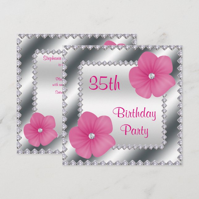 Invitación Flores rosadas y diamantes cumpleaños 35 (Anverso / Reverso)