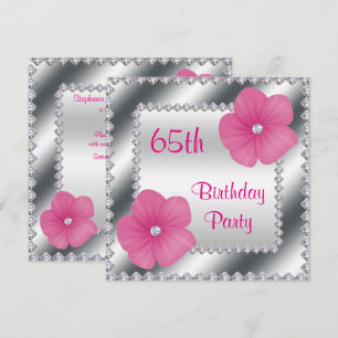 Invitación Flores rosadas y diamantes cumpleaños 65