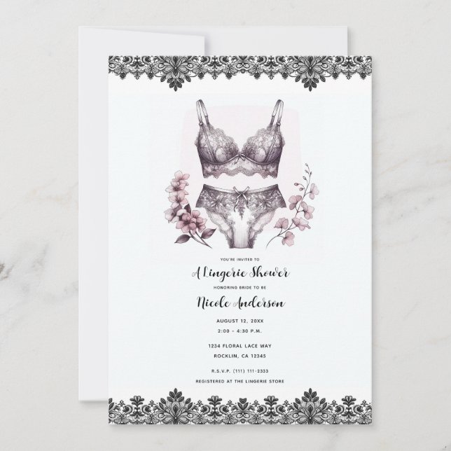 Invitación Flores rosadas y ducha lacey Lingerie Lingerie Lac (Anverso)