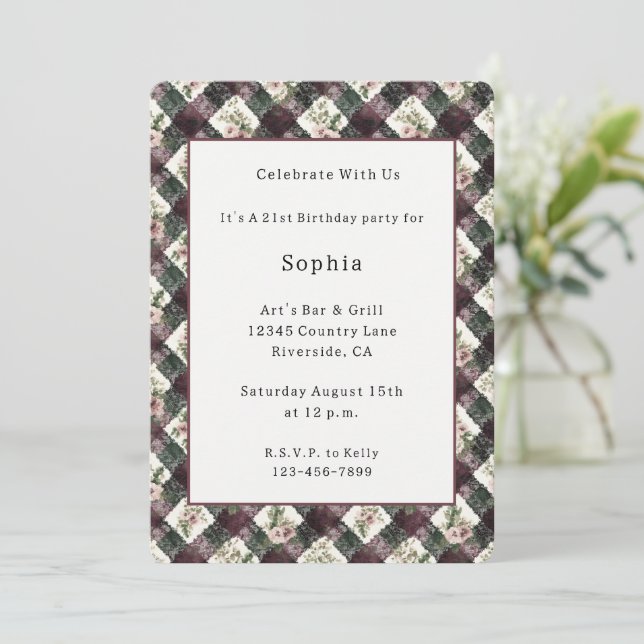 Invitación Flores rosadas y encaje negro burdeos falso Cumple (Anverso de pie)