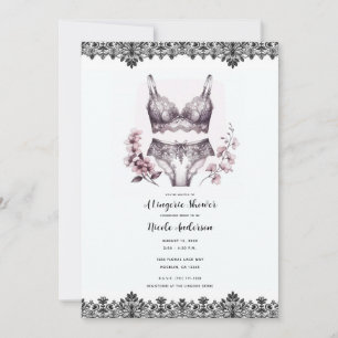 Invitación Flores rosadas y encaje negro Ropa interior de enc