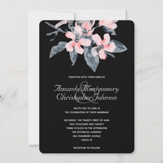 Invitación Flores rosadas y grises, boda elegante con acuarel (Anverso)