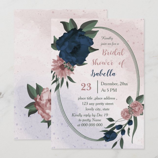 Invitación flores rosadas y marinas ducha geométrica de novia (Anverso / Reverso)
