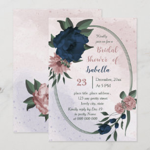 Invitación flores rosadas y marinas ducha geométrica de novia