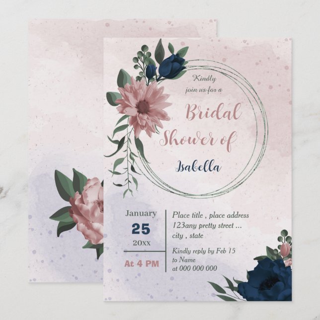 Invitación flores rosadas y marinas ducha geométrica de novia (Anverso / Reverso)
