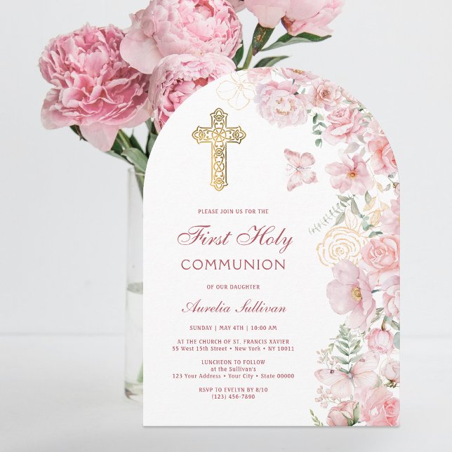 Invitación Flores rosadas y mariposas arco Primera Comunión (Subido por el creador)