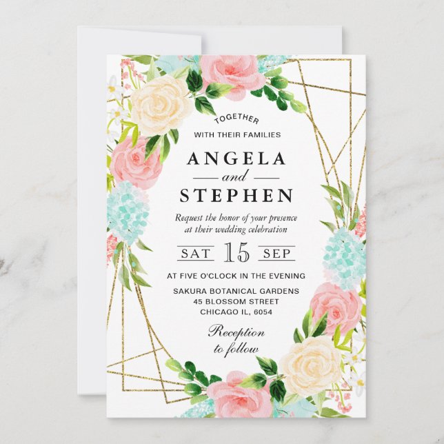 Invitación Flores Rosadas y Menta Marco Dorado Boda (Anverso)