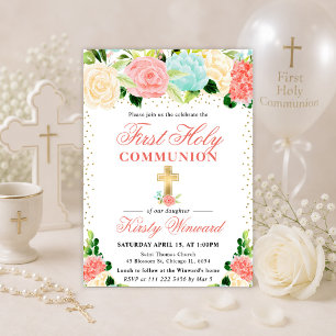 Invitación Flores Rosadas y Menta Primera Comunión