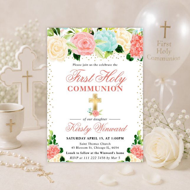 Invitación Flores Rosadas y Menta Primera Comunión (Subido por el creador)