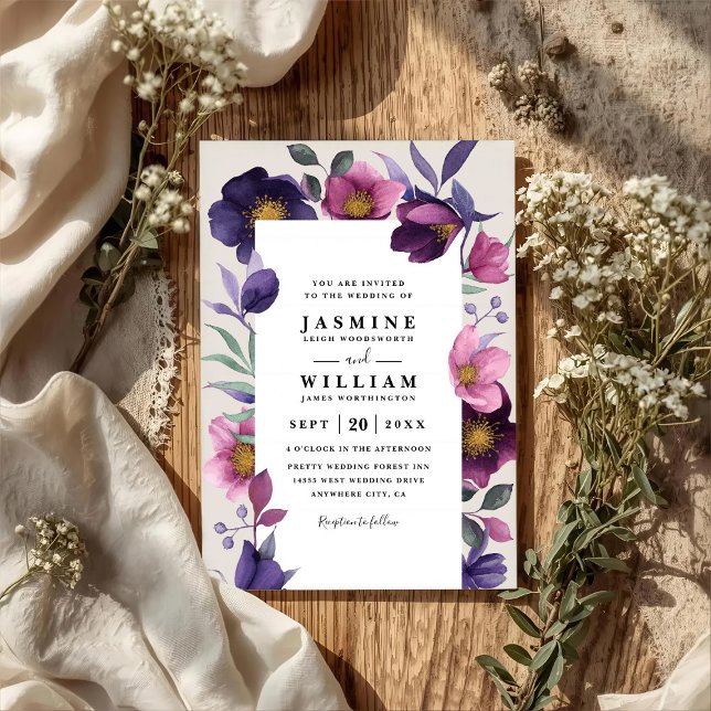 Invitación Flores Rosadas y Moradas Elegantes Bodas Modernas  (Subido por el creador)
