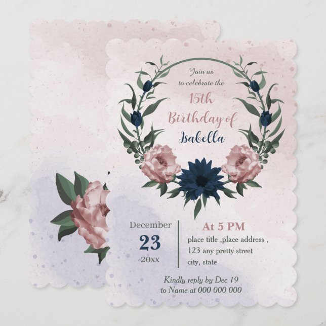 Invitación flores rosadas y navales cumpleaños de guerra botá (Anverso / Reverso)