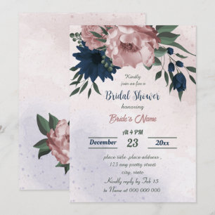 Invitación flores rosadas y navales ducha de novia botánica