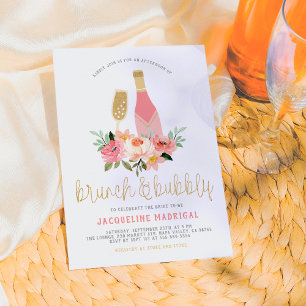 Invitación Flores rosadas y oro Brunch y burbujas Desayuno de