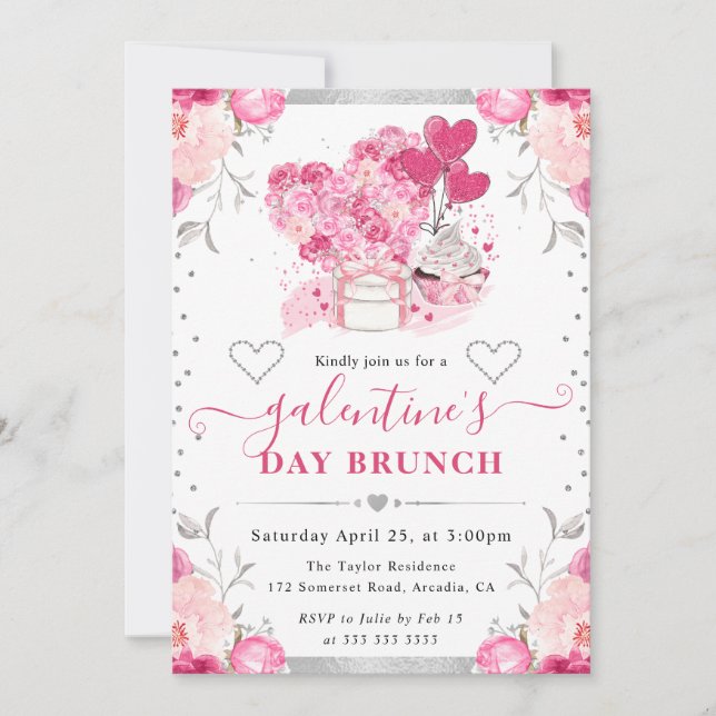 Invitación Flores rosadas y plateadas de acuarela Galentine's (Anverso)