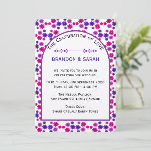 Invitación Flores rosadas y púrpuras simétricas mini florales
