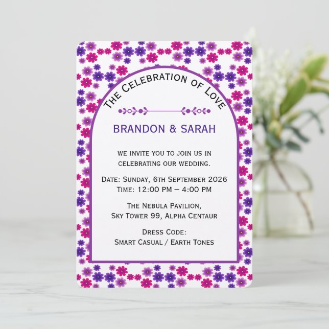 Invitación Flores rosadas y púrpuras simétricas mini florales (Anverso de pie)