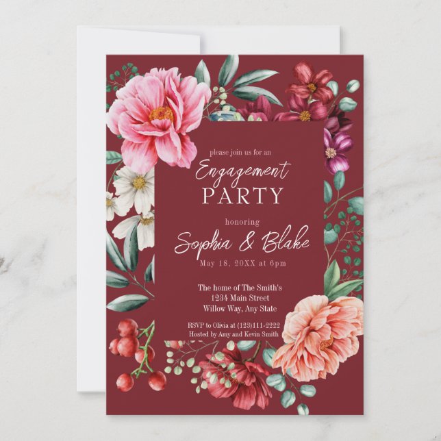 Invitación Flores rosadas y rojas |  Fiesta de compromiso roj (Anverso)