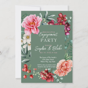 Invitación Flores rosadas y rojas Fiesta de compromiso ver