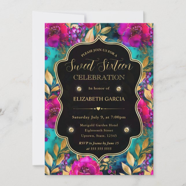 Invitación Flores rosadas y turquesas en acuarela Sweet 16 (Anverso)