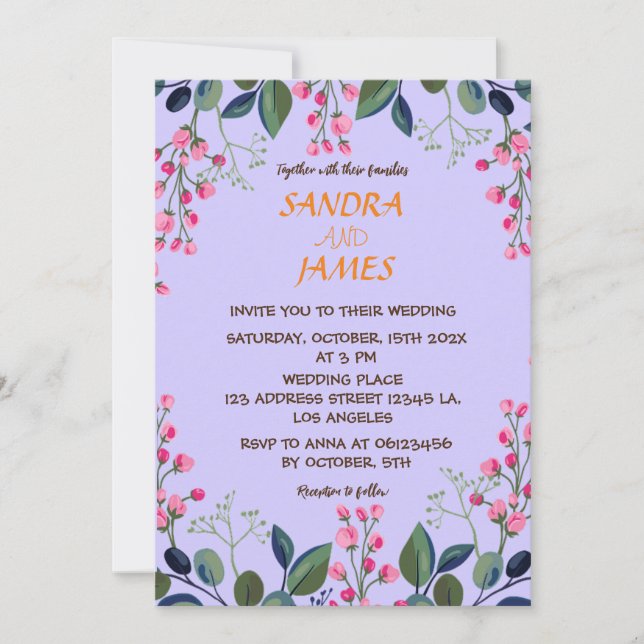 Invitación Flores rosadas y verdes botánicas (Anverso)