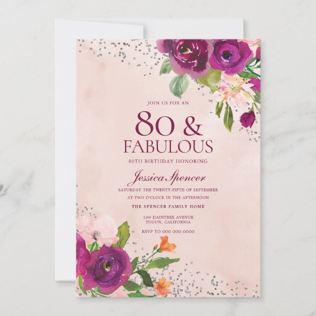 Invitación Flores rosas acuarela de vuelta 80 cumpleaños (Anverso)