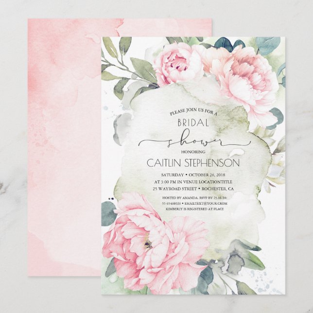 Invitación Flores rosas antiguas y duchas de novias verdes (Anverso / Reverso)