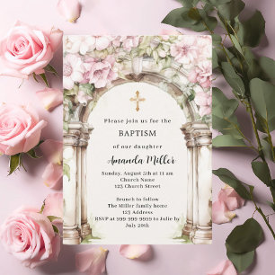 Invitación Flores rosas arco beige chica Bautismo