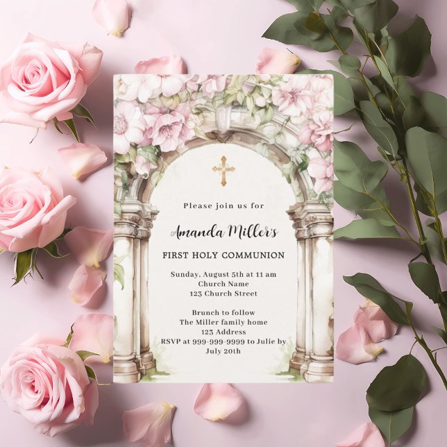 Invitación Flores rosas arco chica beige Primera comunión (Subido por el creador)
