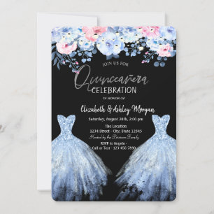 Invitación Flores rosas azules de vestir purpurina