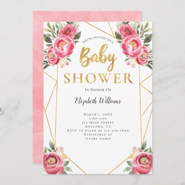 Invitación Flores rosas Baby Shower de marco geométrico (Anverso / Reverso)