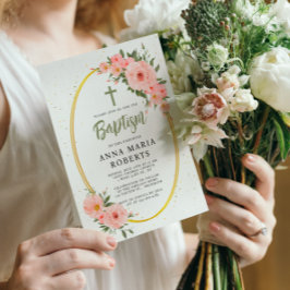 Invitación Flores rosas, bautismo Chica verde
