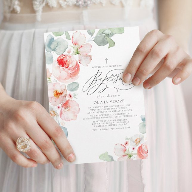 Invitación Flores rosas blandas Elegante Bautismo Boho (Subido por el creador)