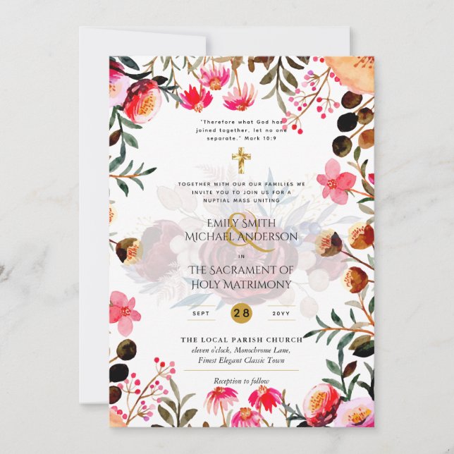 Invitación Flores rosas Boda de misa Nupcial católica (Anverso)