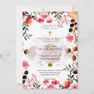 Invitación Flores rosas Boda de misa Nupcial católica