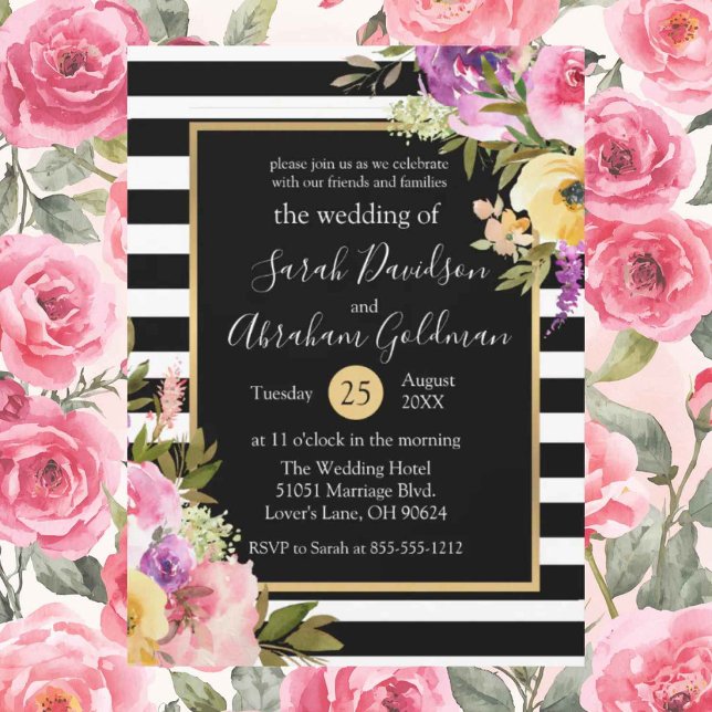 Invitación Flores Rosas Boda Rayas Blancas y Negras  (Subido por el creador)