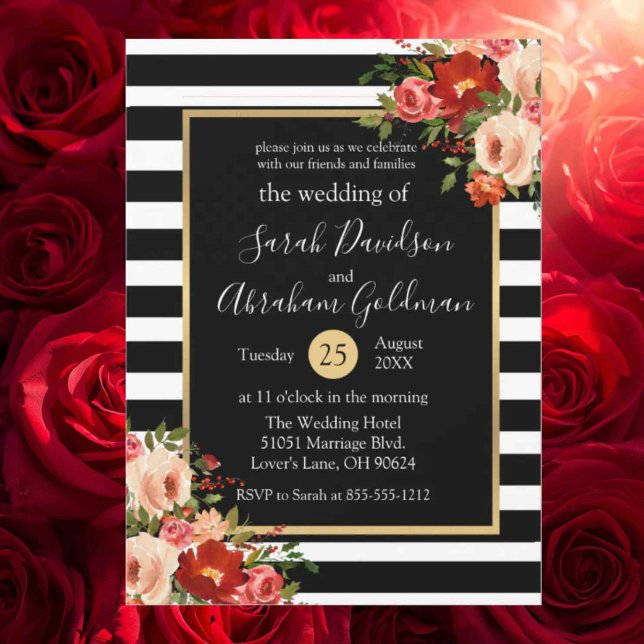 Invitación Flores Rosas Bodas Rayas Blancas y Negras  (Subido por el creador)