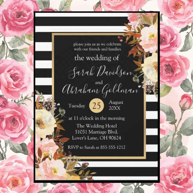Invitación Flores Rosas Bodas Rayas Blancas y Negras  (Subido por el creador)