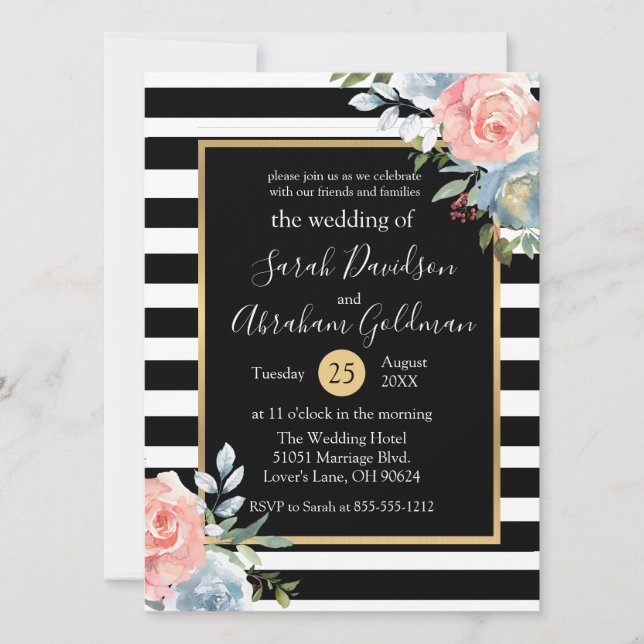 Invitación Flores Rosas Bodas Rayas Blancas y Negras  (Anverso)
